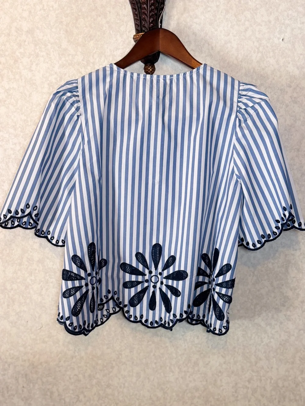 LOFT Blue and White Striped Embroidered Flutter-Sleeve Blouse